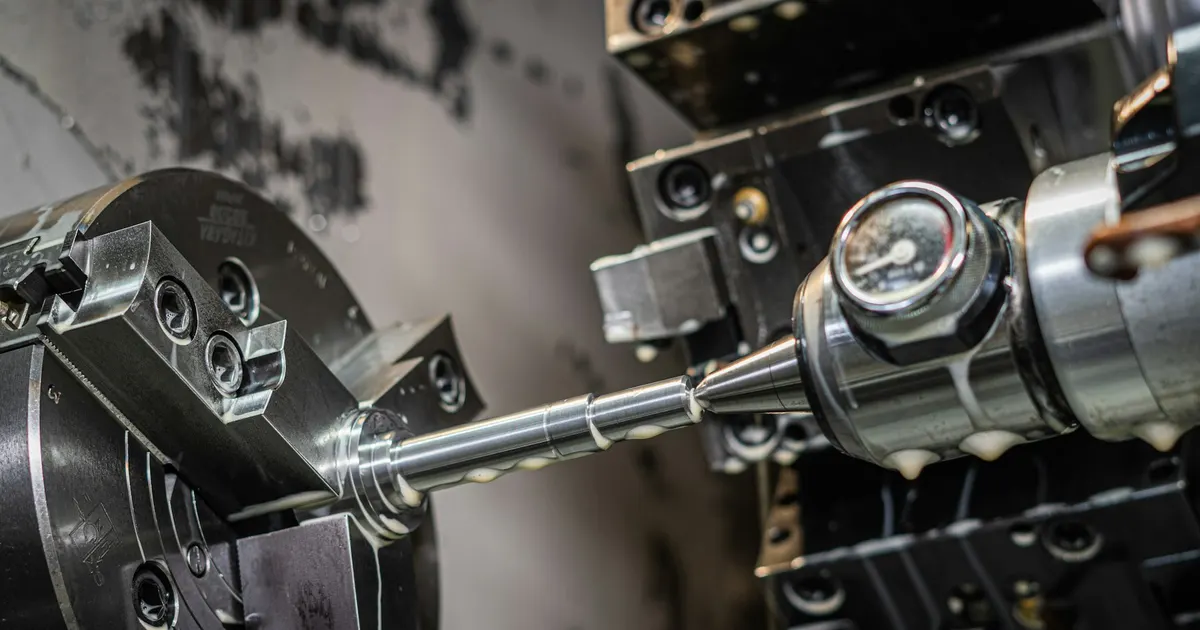 Swiss-type lathe turning a small round part, the kind of screw machine work where free-machining aluminum 2011 is used